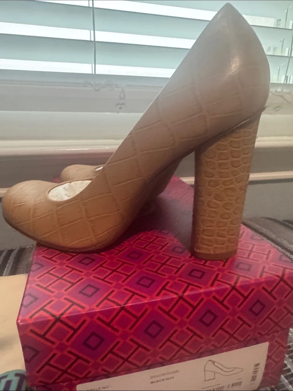 Tory Burch Croc-Embossed Tan Pumps